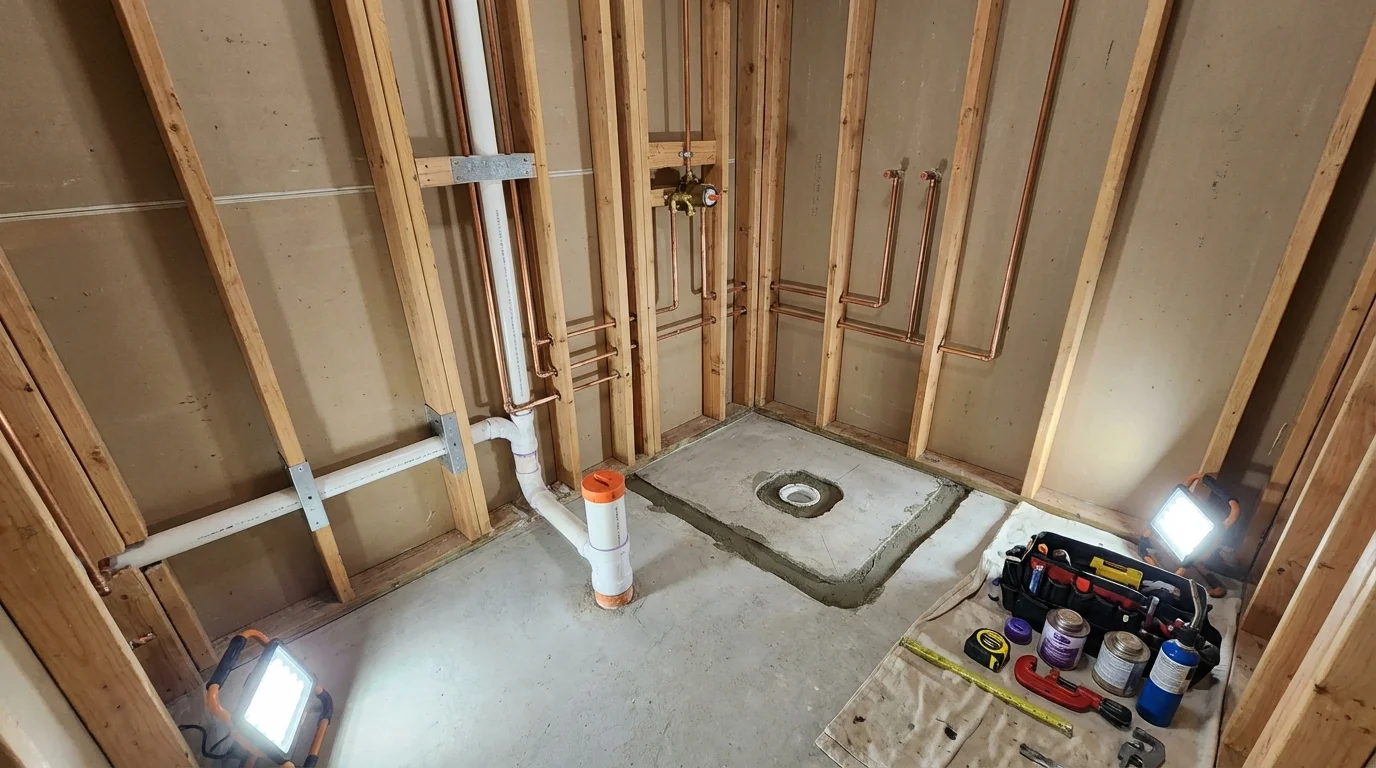 Bathroom rough-in plumbing during remodel by Johns Plumbing LLC in Pigeon