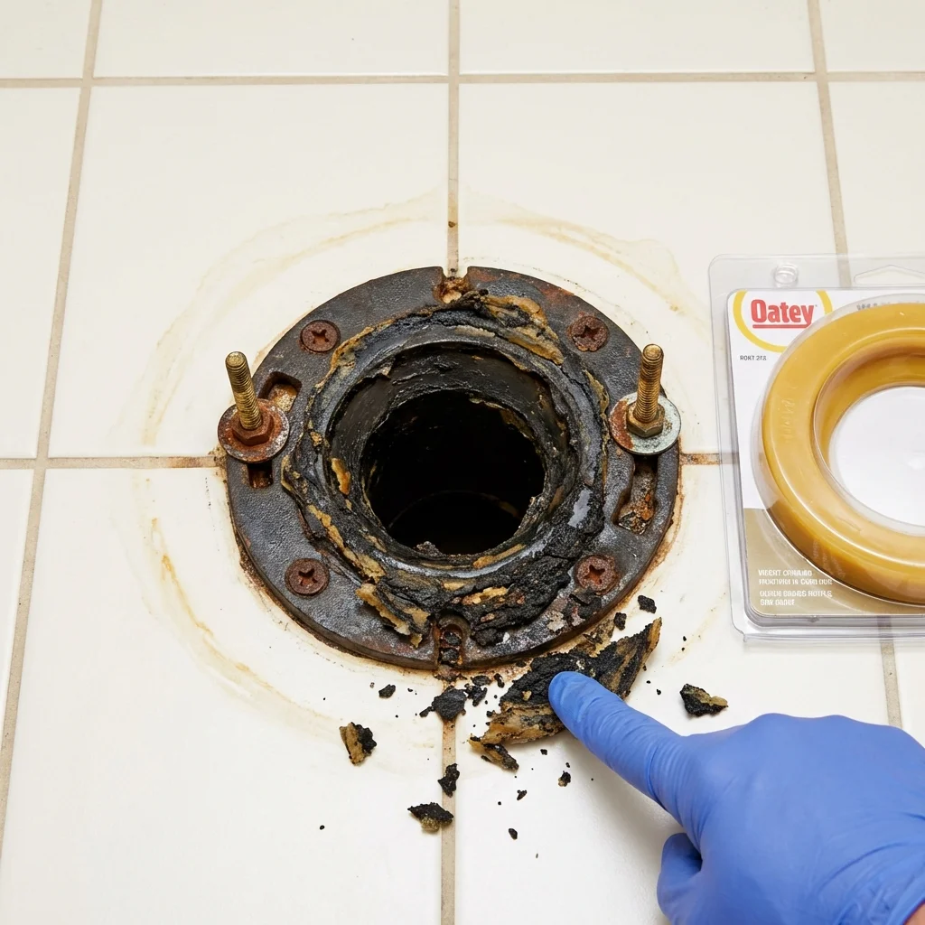 Failed wax ring showing water seepage at the base of a toilet in a Pigeon, MI home