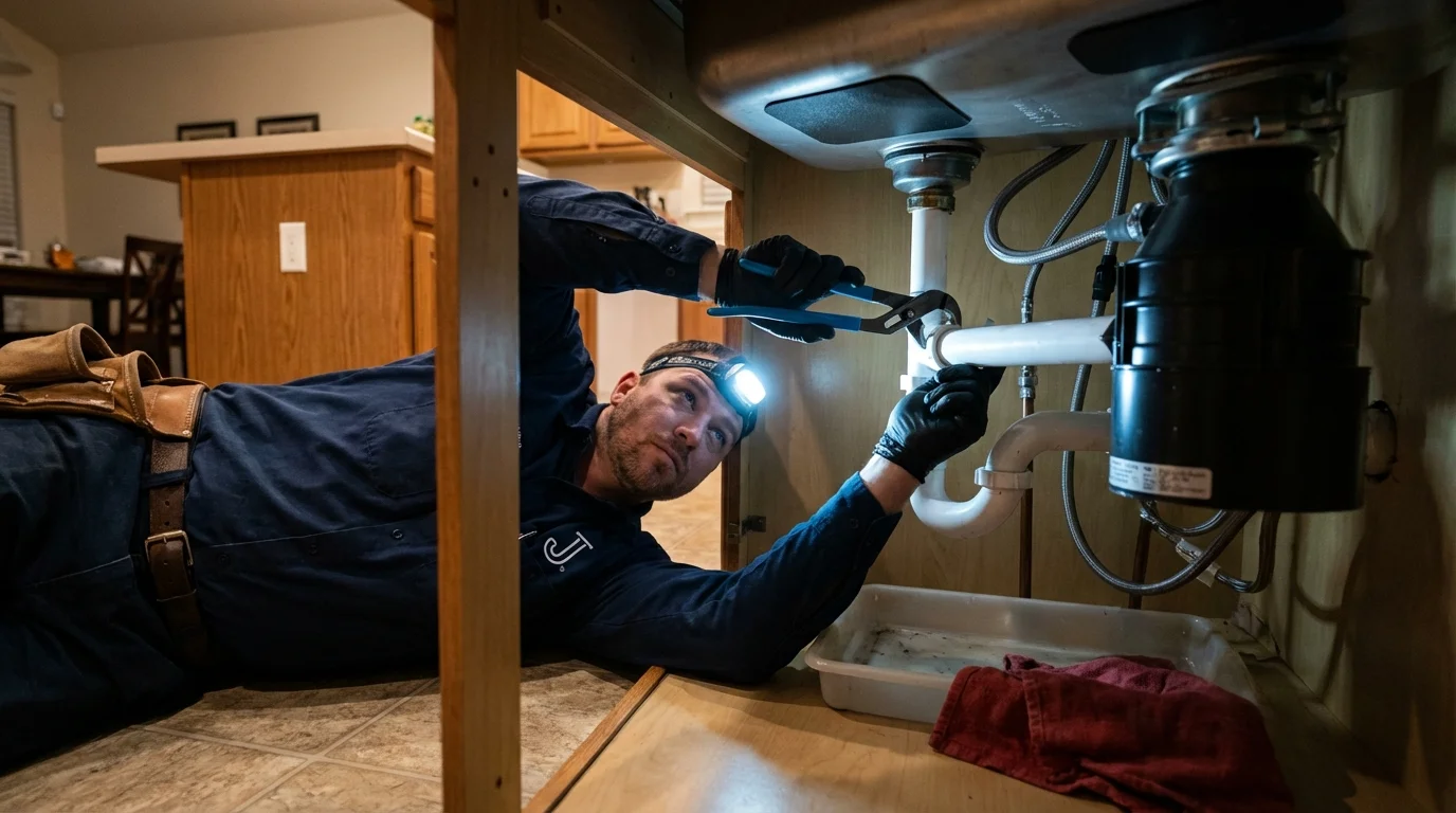 P-trap and supply line connections under a kitchen sink showing a common leak point in Pigeon, MI